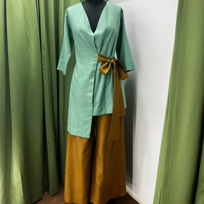 Ulka – Cyan and Khaki Bow Co-ord Set